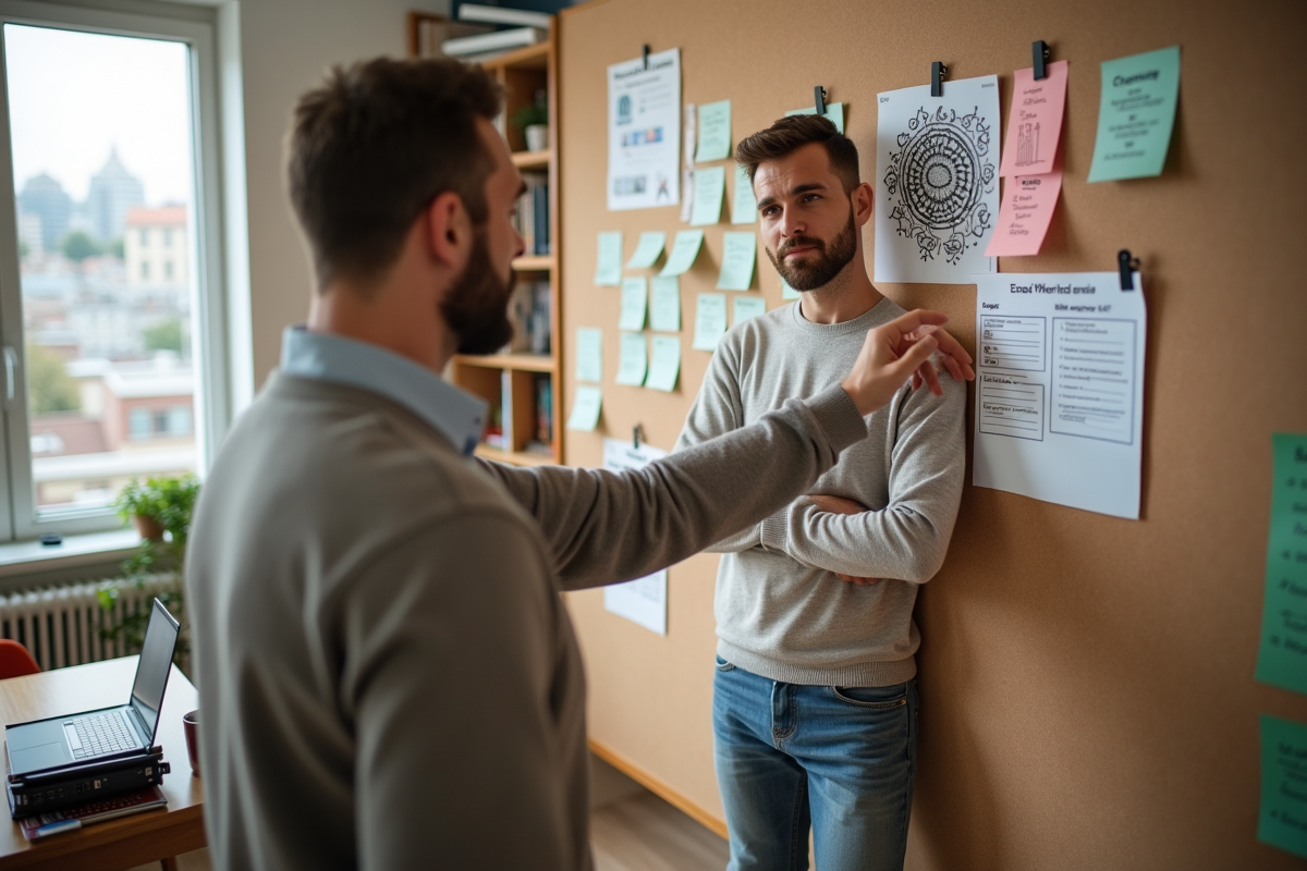 Homme planifiant seo devant tableau de notes colorées