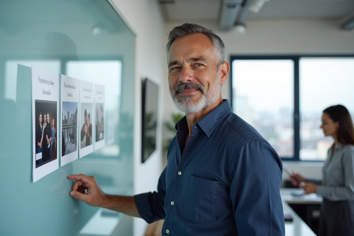 Homme présentant des plateformes alternatives à Zup Images sur un tableau dans un studio créatif professionnel