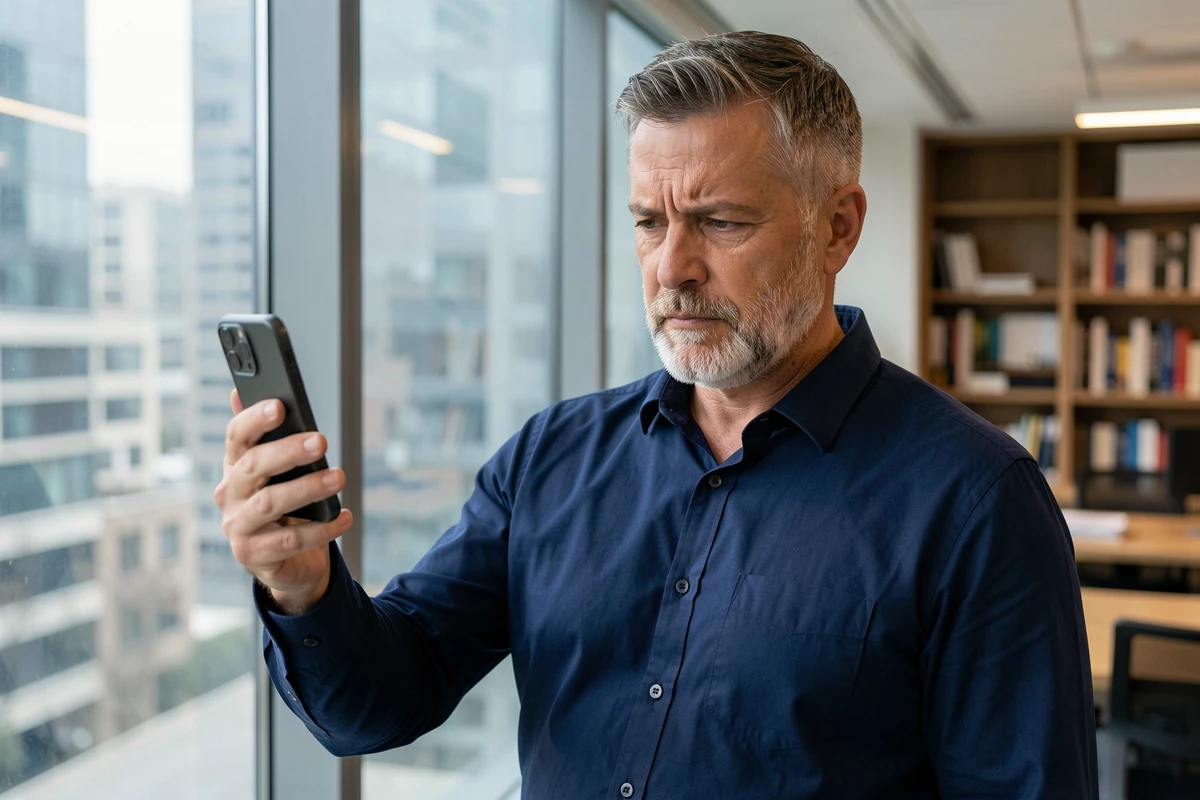 Homme professionnel consultant les nouveautés iOS 18 sur son iPhone au bureau