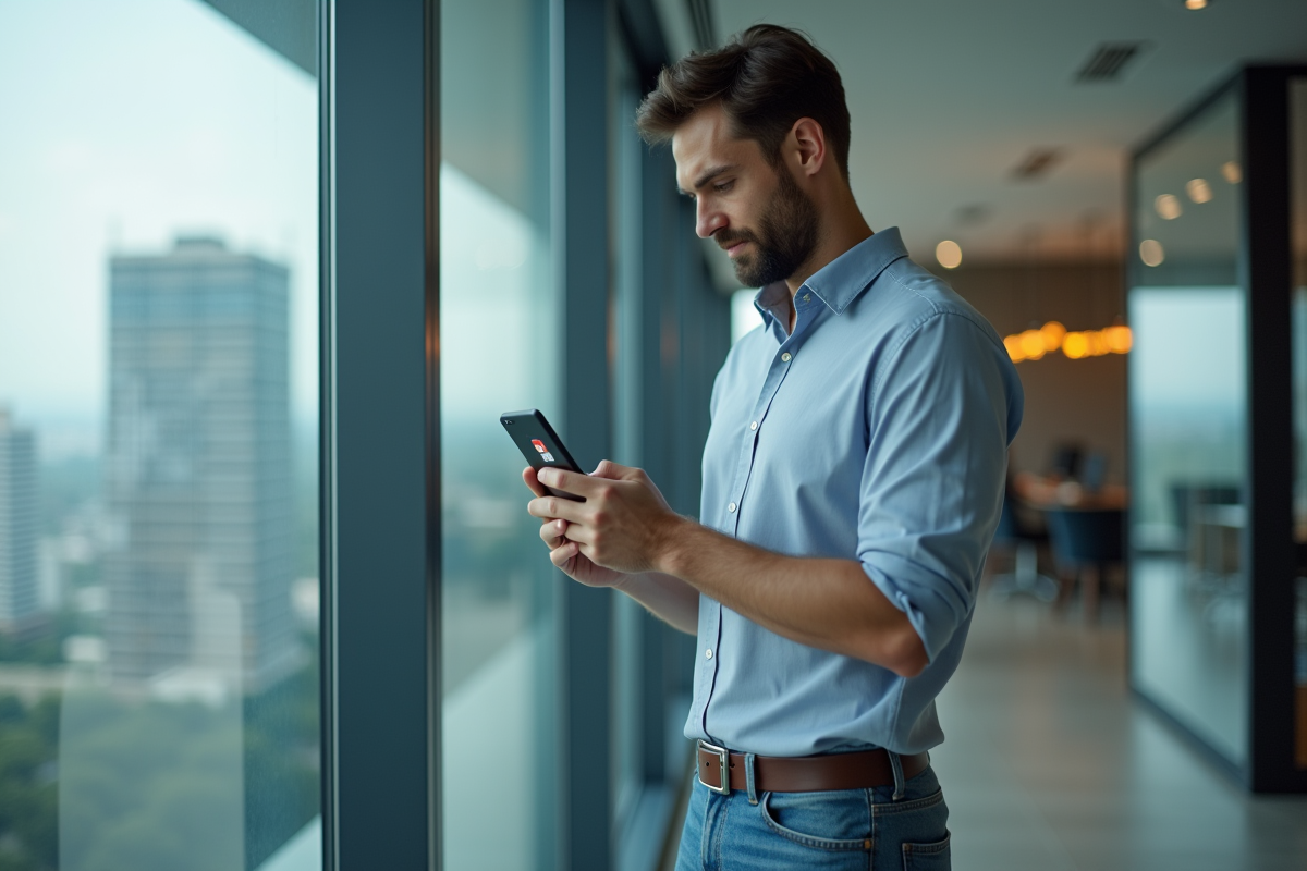Homme regardant son smartphone avec vue sur la ville moderne
