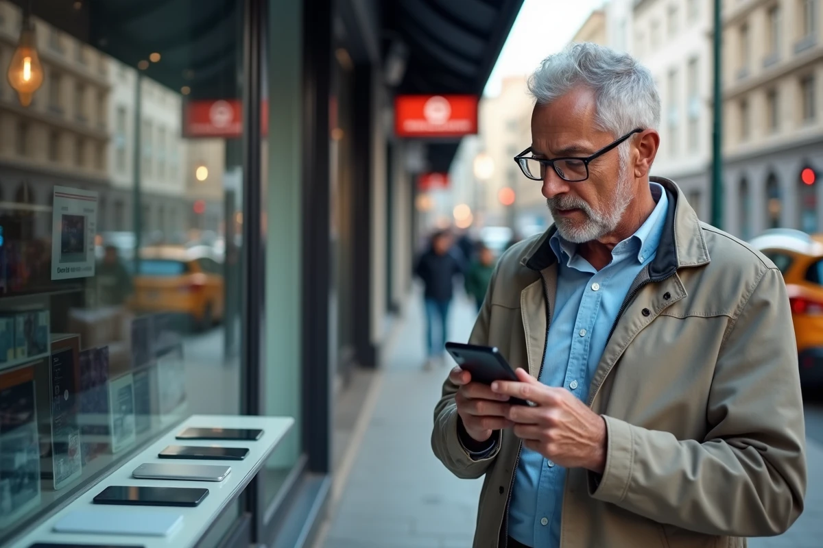 Homme examine un smartphone devant un magasin d