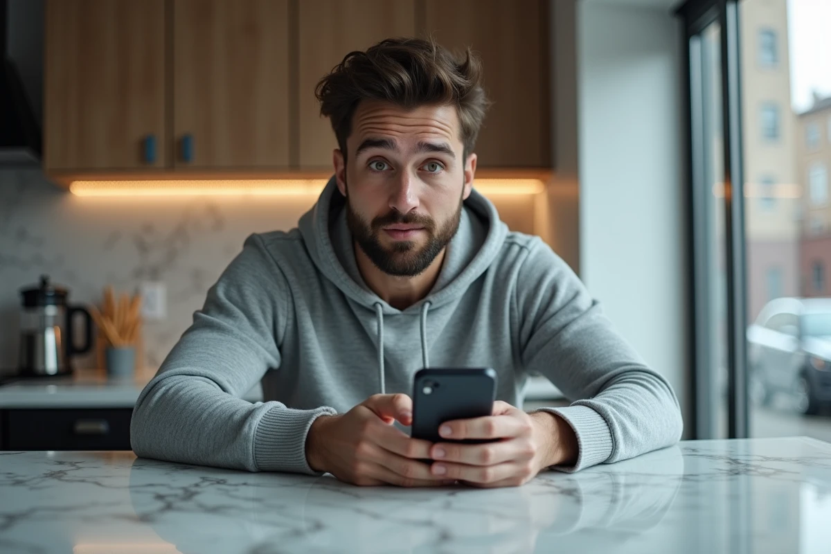 Homme consulte une application de SMS anonyme sur son smartphone posé sur un plan de travail en marbre