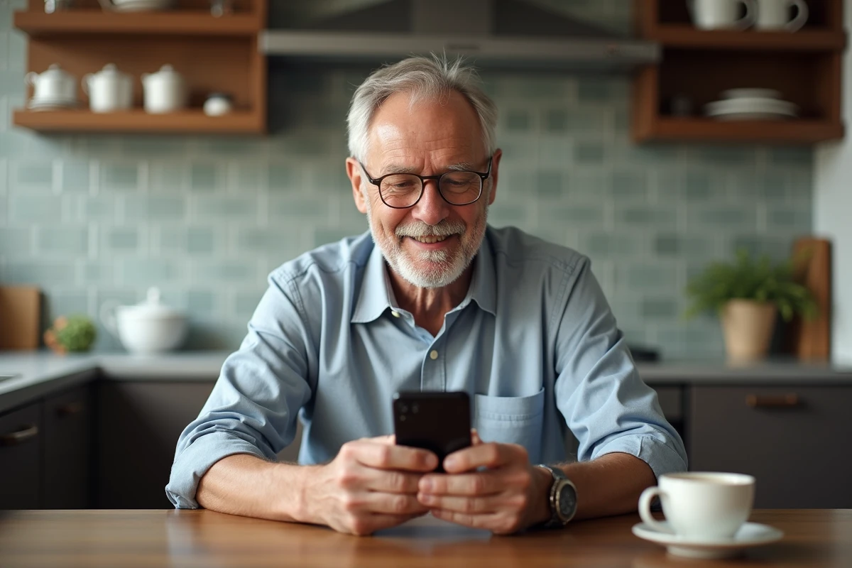 Homme d age moyen souriant en utilisant son smartphone dans la cuisine