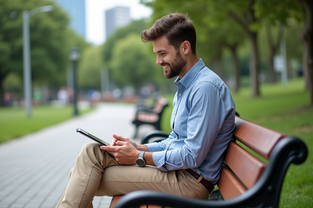 Homme souriant sur un banc de parc avec tablette en plein air