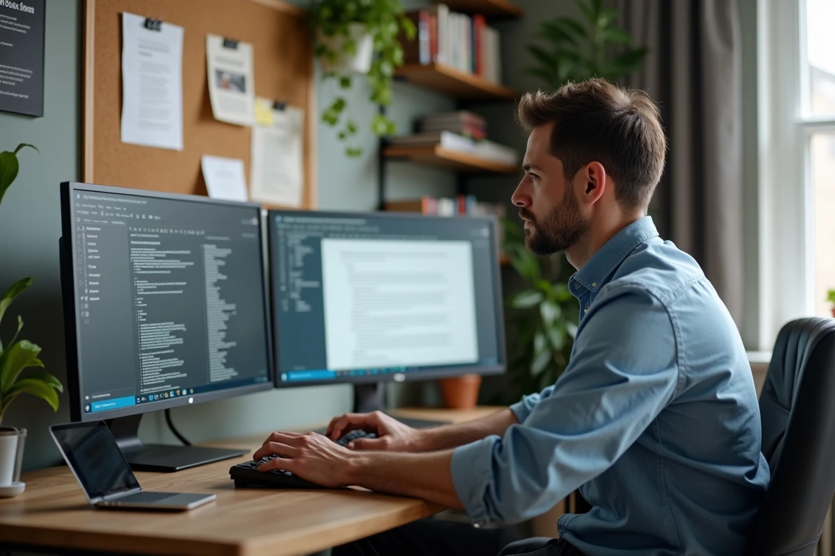Homme consultant un blog professionnel sur un double écran dans son bureau à domicile