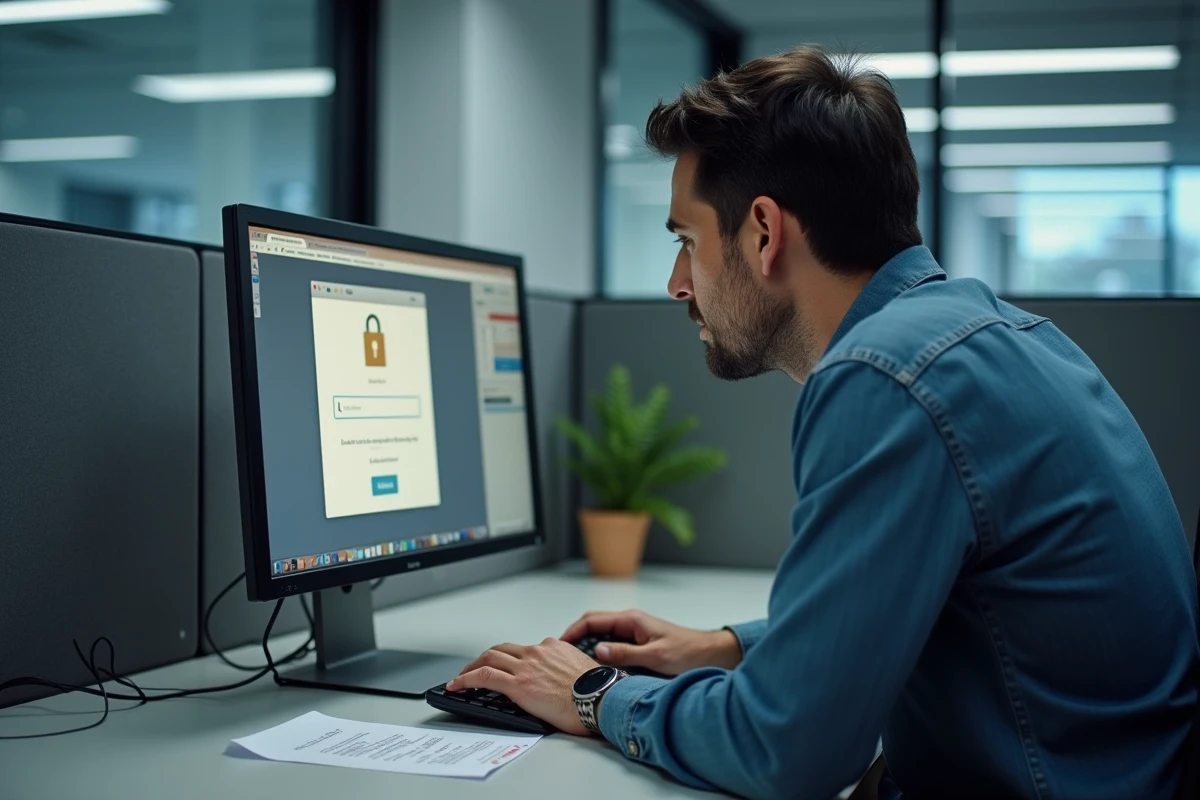 Homme consultant ses identifiants de connexion devant un ordinateur de bureau avec une page webmail académique en erreur
