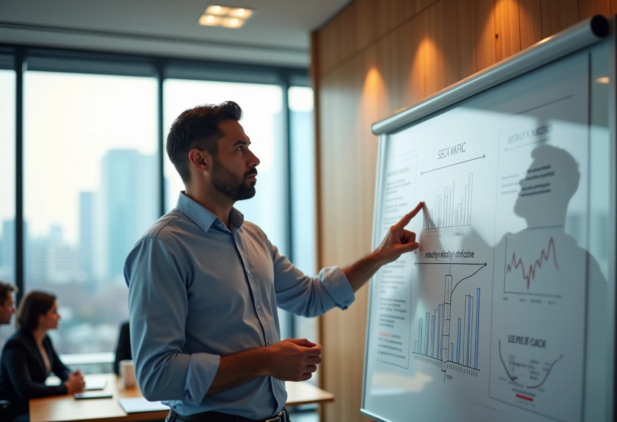 Homme expliquant des KPIs SEO devant un tableau blanc