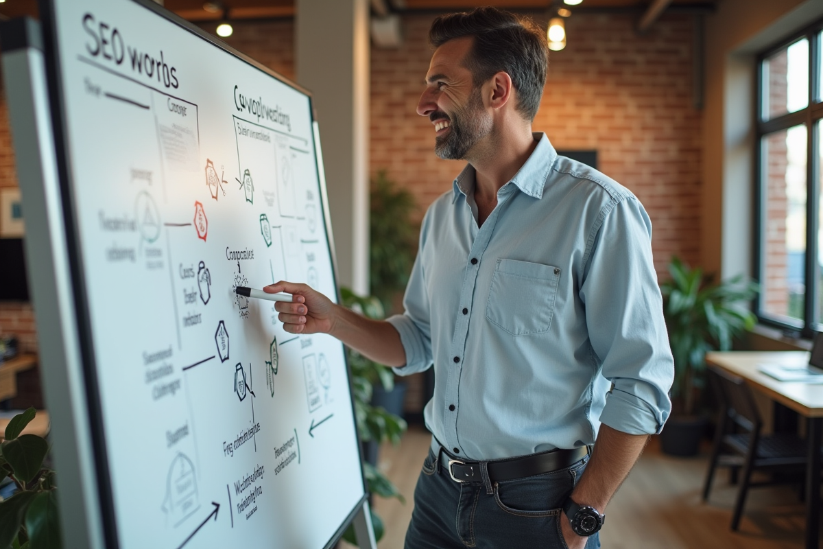 Homme expliquant des diagrammes SEO devant un tableau blanc