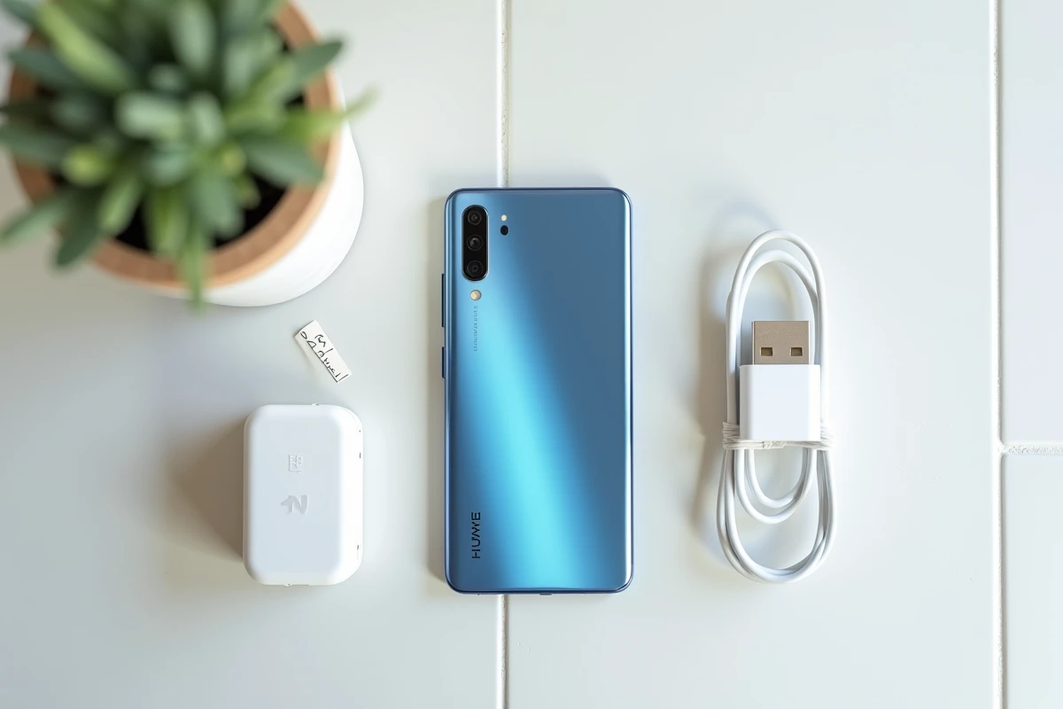 Huawei P10 Lite posé avec sa boîte d'origine et ses accessoires sur une surface blanche pour la revente