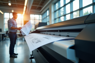 Imprimante grand format en bureau moderne avec plans architecturaux