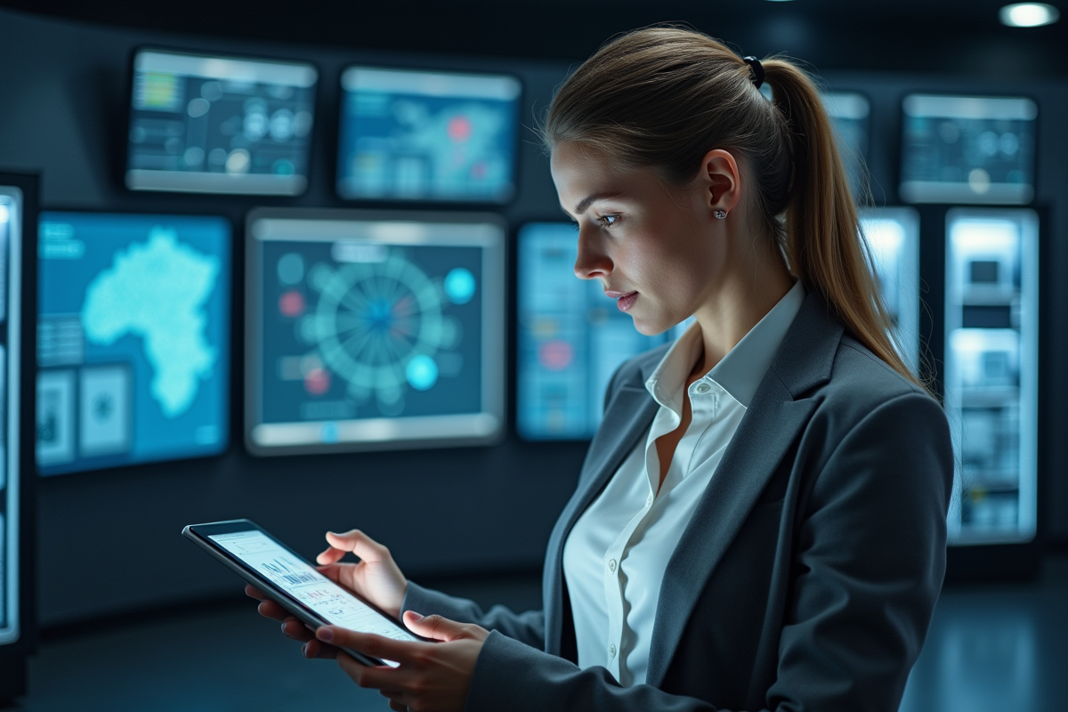 Ingénieure réseau analysant des diagrammes sur une tablette en centre de contrôle