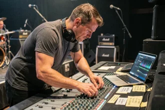 Ingénieur du son masculin ajustant les faders d'une console de mixage numérique dans une salle de concert avec le logiciel Virtual StudioLive ouvert sur un ordinateur portable