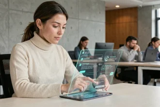 Femme professionnelle interagissant avec une interface de messagerie IA futuriste sur tablette transparente dans un bureau moderne en 2026