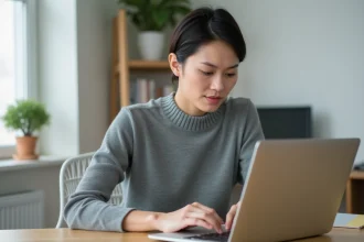Femme utilisant un MacBook Pro et cherchant à inverser les touches du clavier dans un bureau minimaliste