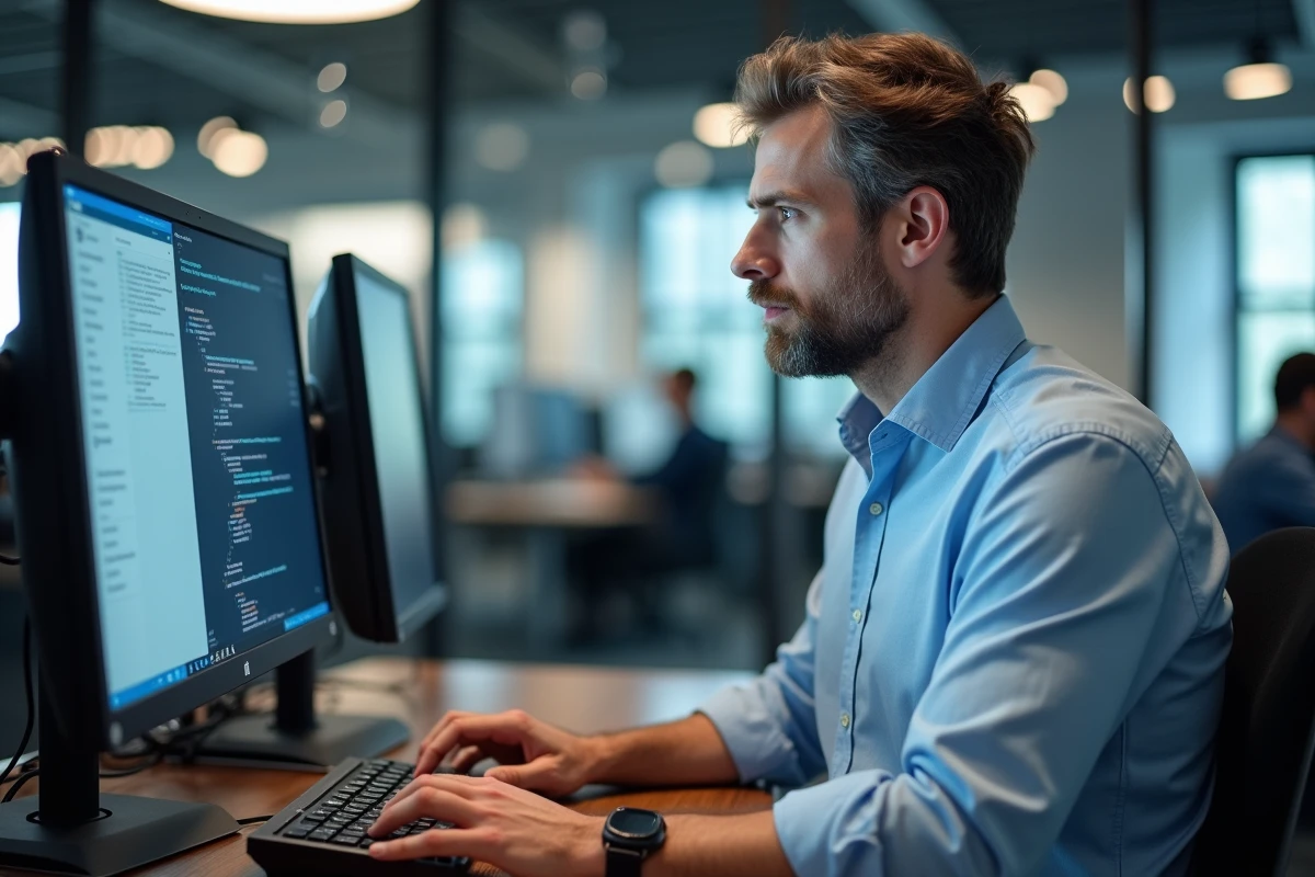 Homme en train de modifier les paramètres du clavier sur un PC Windows dans un open space professionnel