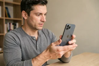 Homme tenant un iPhone 15 Plus dans ses mains pour évaluer ses grandes dimensions au quotidien