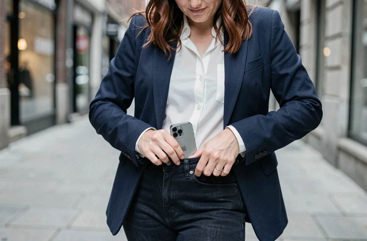 Femme essayant de glisser un iPhone 15 Plus dans la poche de son jean pour tester son encombrement