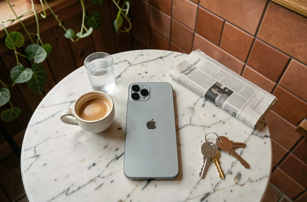 iPhone 15 Plus posé sur une table de café à côté d'objets du quotidien pour illustrer ses grandes dimensions