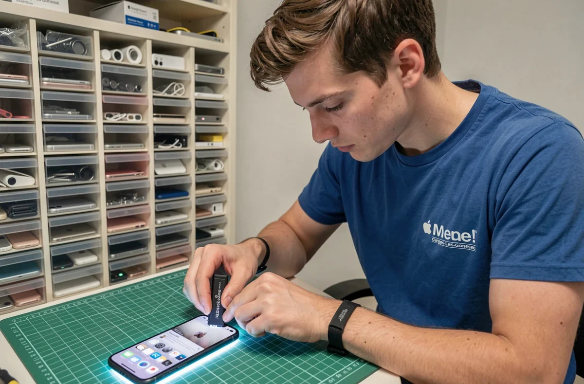 Technicien iSmash95 à Garges-lès-Gonesse insérant une batterie neuve dans un iPhone sur un tapis de réparation anti-statique