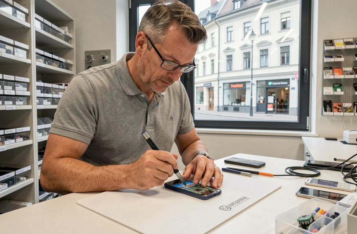 Technicien IT-Mobile au centre de Grenoble ouvrant un smartphone avec un outil de réparation sur un tapis antistatique