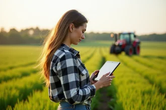 Jeune ingénieure agricole dans un champ de blé avec tablette