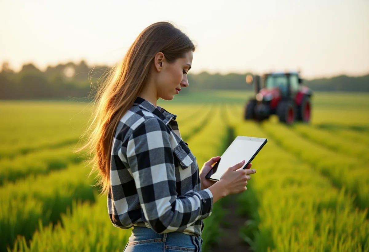 Jeune ingénieure agricole dans un champ de blé avec tablette
