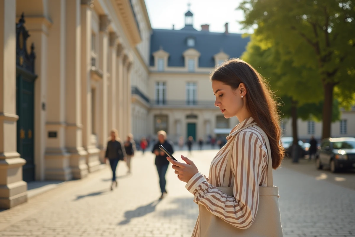 Jeune femme accédant à Mel Ouvert Versailles sur smartphone devant un bâtiment administratif
