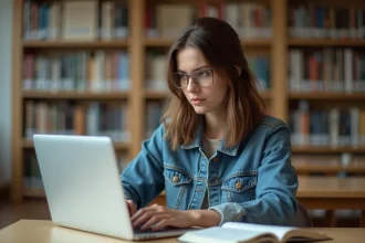 Jeune femme en bibliothèque universitaire concentrée sur son ordinateur