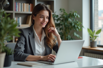 Jeune femme en blazer dans un bureau lumineux