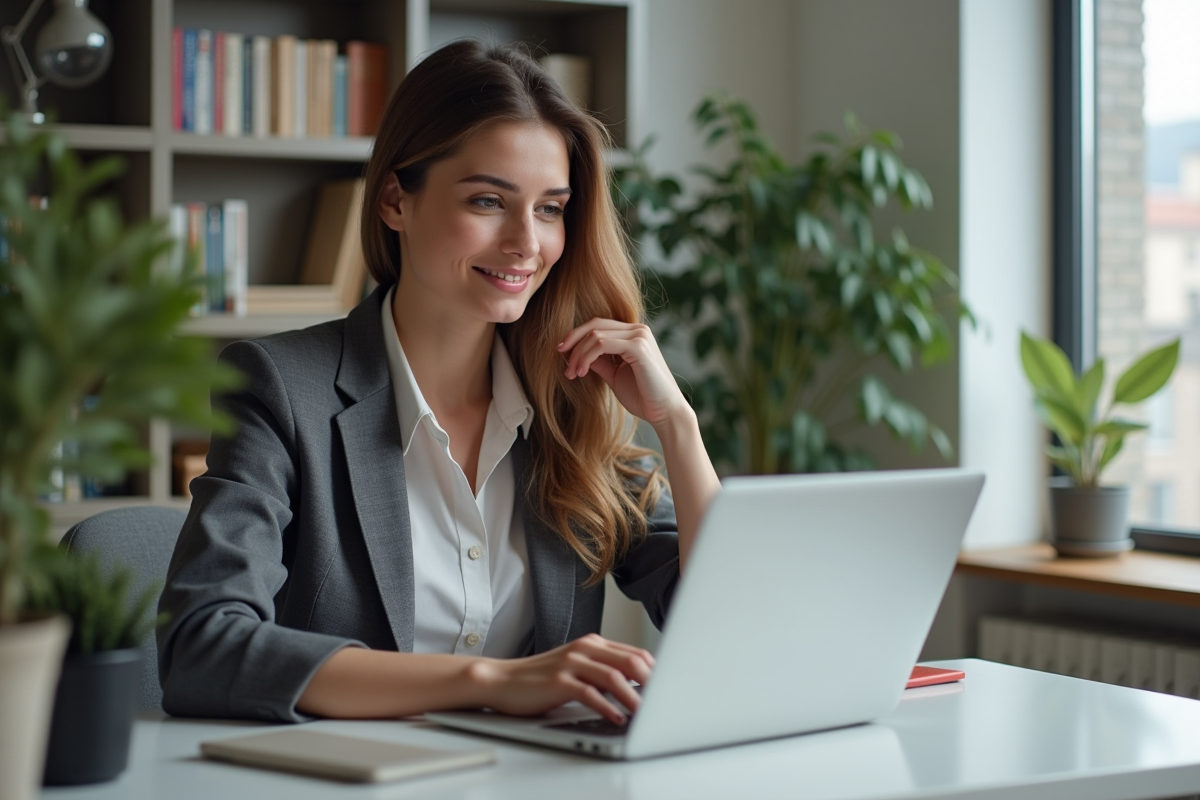 Jeune femme en blazer dans un bureau lumineux