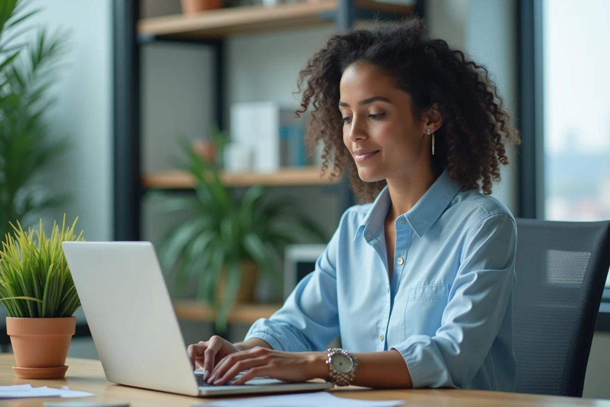 Jeune femme professionnelle travaillant sur son ordinateur dans un bureau moderne