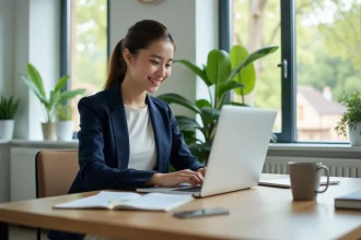 Jeune femme au bureau souriante et concentrée
