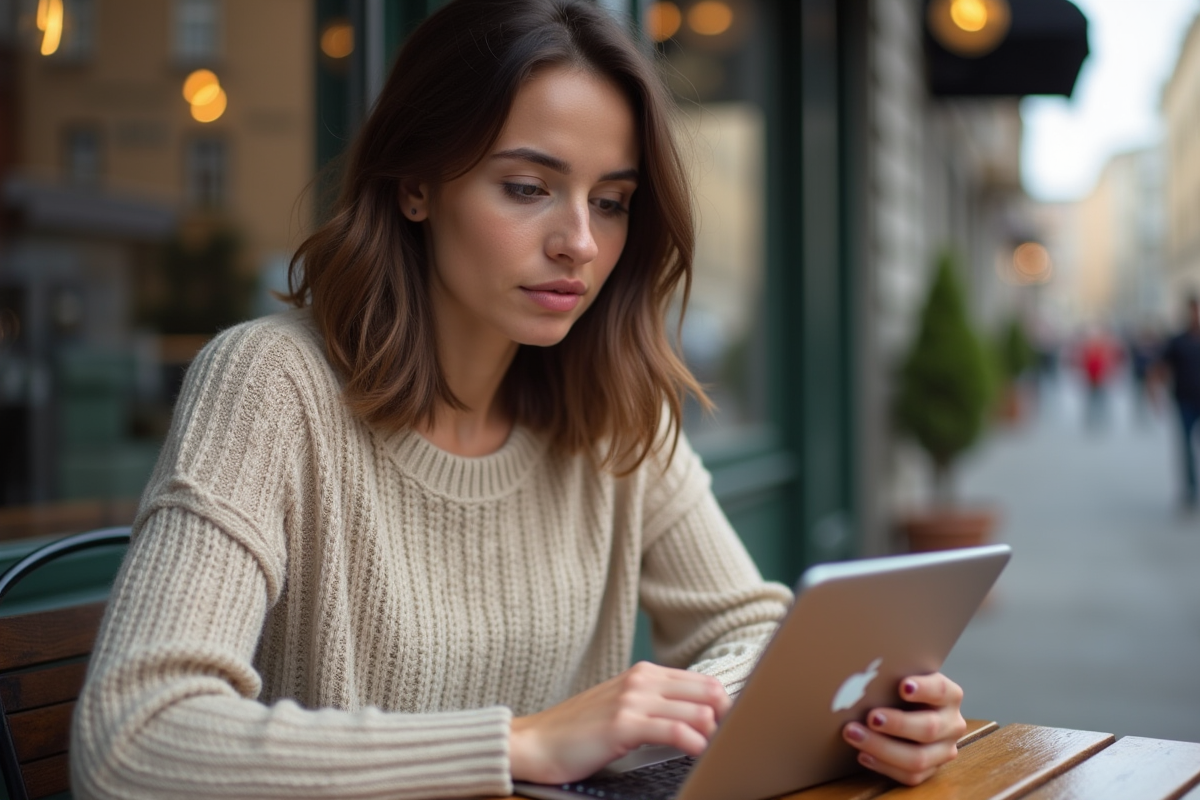 Jeune femme au café utilisant une tablette en extérieur