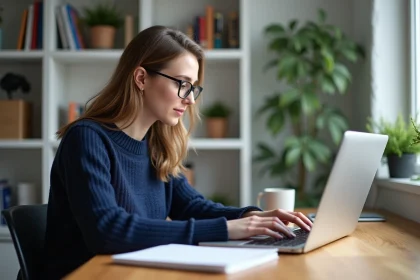 Jeune femme en sweater bleu code Python sur laptop