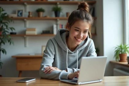 Jeune femme concentrée sur son ordinateur dans un bureau lumineux