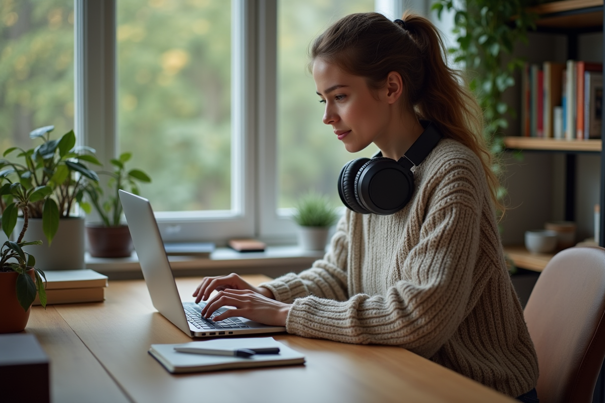 Jeune femme concentrée sur son ordinateur dans un bureau moderne