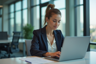 Jeune femme professionnelle concentrée sur son ordinateur dans un bureau moderne