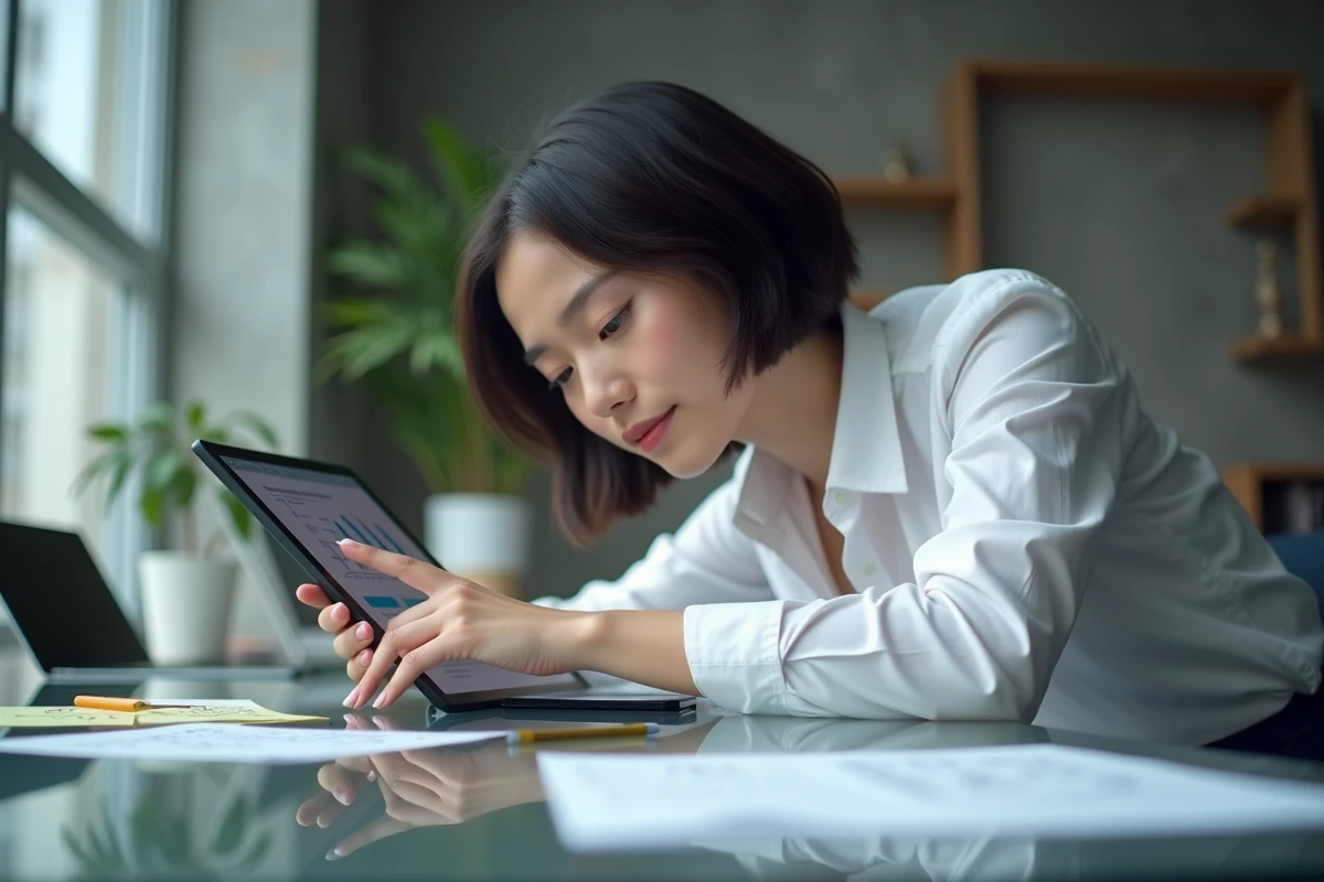 Jeune femme pointant un tableau Excel de pourcentages pondérés sur une tablette dans un espace de coworking