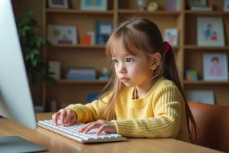 Jeune fille curieuse apprend à taper sur un clavier