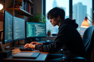 Jeune hacker concentré sur ses écrans dans un appartement urbain