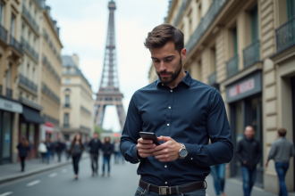 Jeune homme vérifiant la vitesse 5G dans une rue parisienne