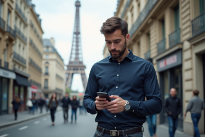 Jeune homme vérifiant la vitesse 5G dans une rue parisienne
