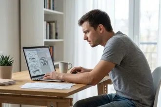Jeune homme concentré sur un ordinateur avec croquis d'architecture