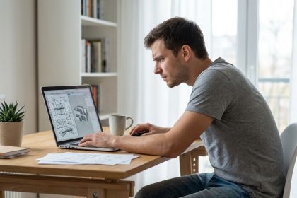 Jeune homme concentré sur un ordinateur avec croquis d'architecture