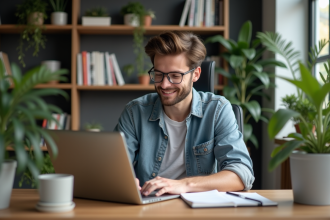 Jeune homme concentré travaillant sur son ordinateur dans un bureau moderne