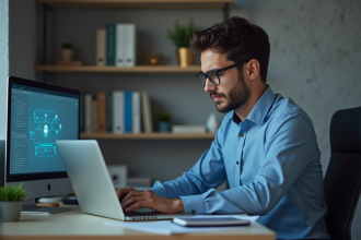 Jeune homme au bureau vérifiant un diagramme réseau sur son ordinateur