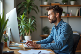 Jeune homme concentré travaillant sur son ordinateur dans un bureau lumineux