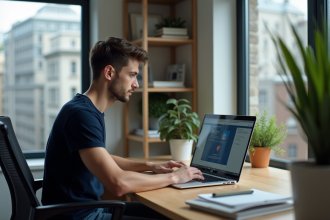 Jeune homme concentré utilisant un ordinateur dans un bureau moderne