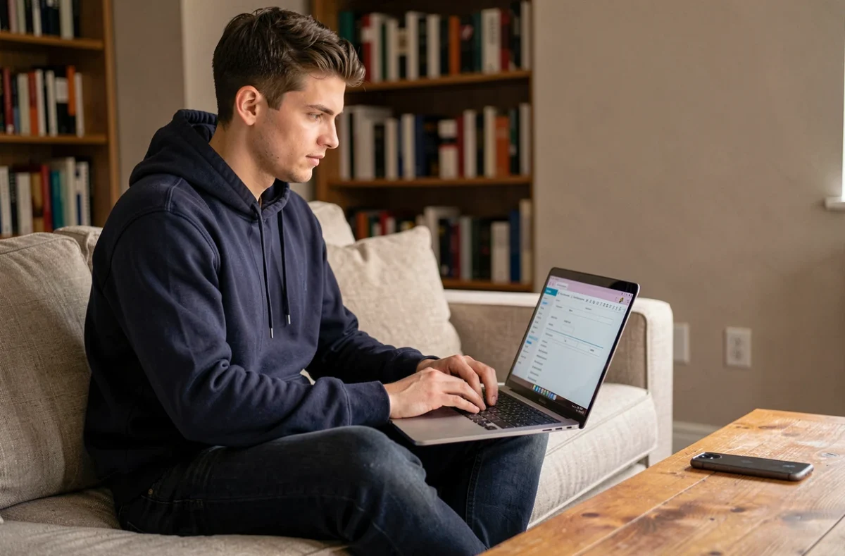 Jeune homme configurant les paramètres de son webmail sur un ordinateur portable depuis son canapé à domicile