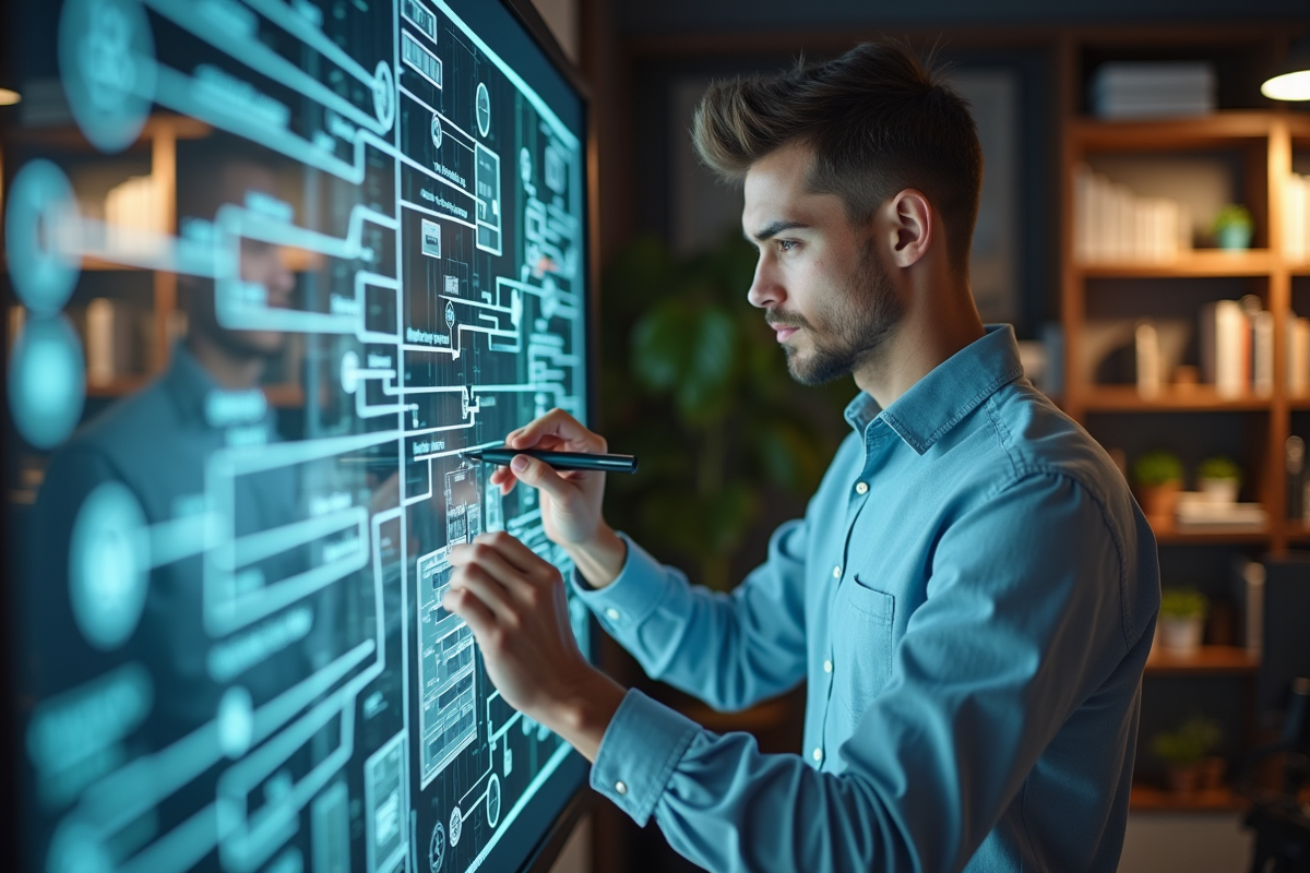 Jeune homme esquissant un diagramme blockchain dans un espace moderne